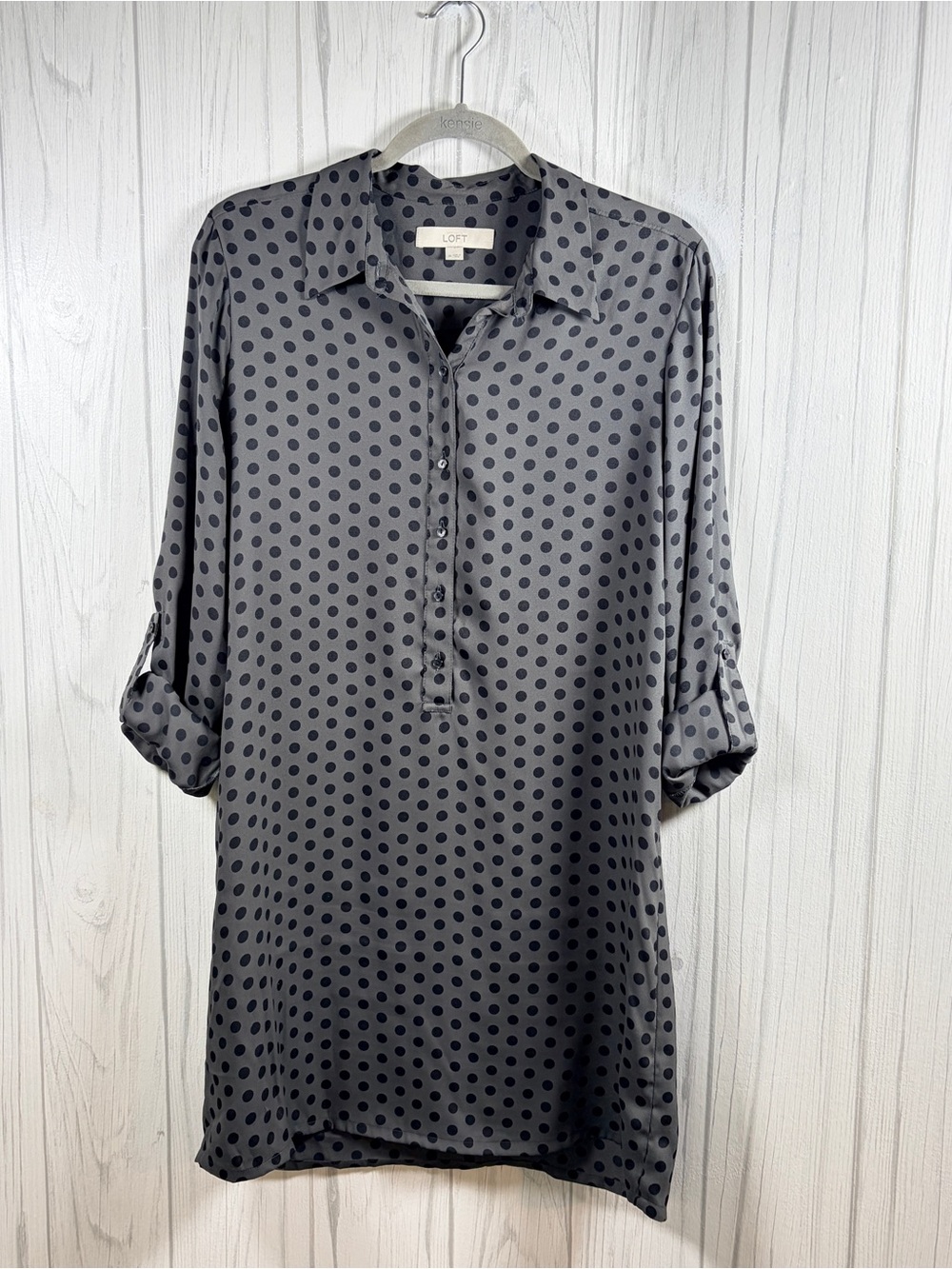 LOFT Lightweight Grey and Black Polka-Dot Mini Shift Shirt Dress, Medium
